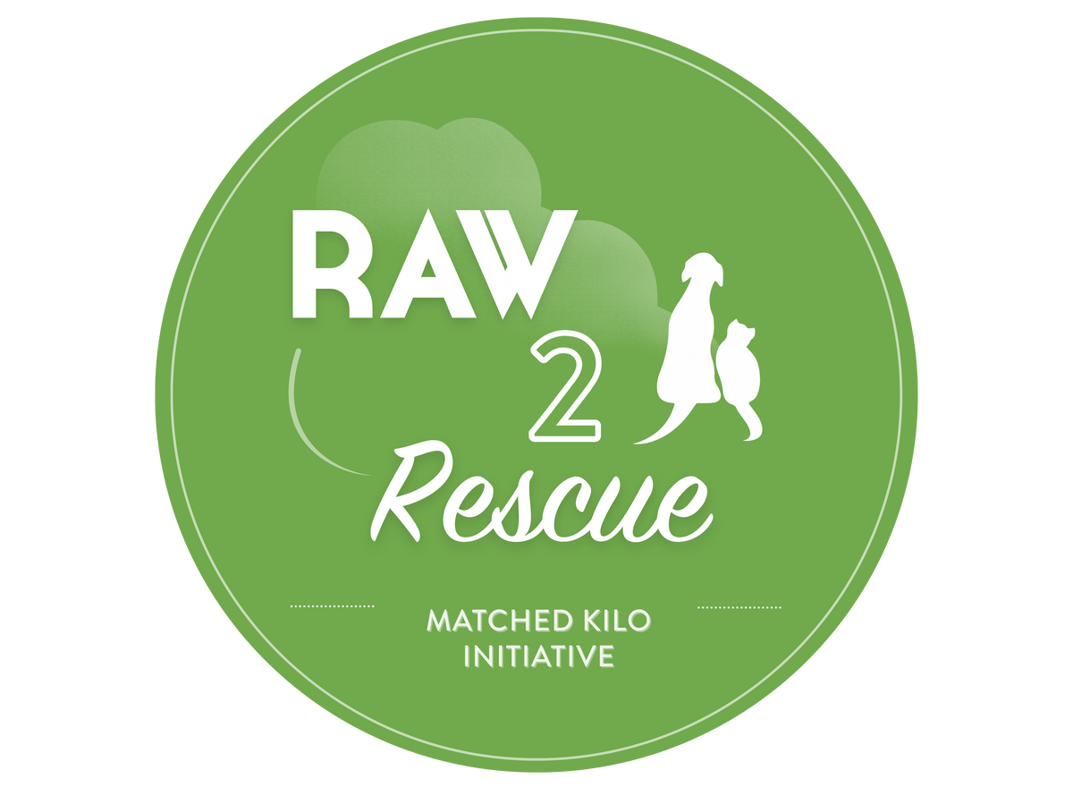 Nutriwolds Raw 2 Rescue Badge with green background and white writing with a cat and dog