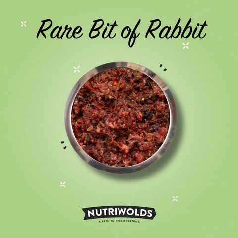 Nutriwolds raw dog food rare bit of rabbit recipe in a round bowl