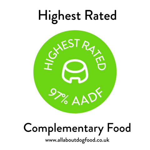 Green badge with 'Highest Rated 97% All about dog food text on a white background